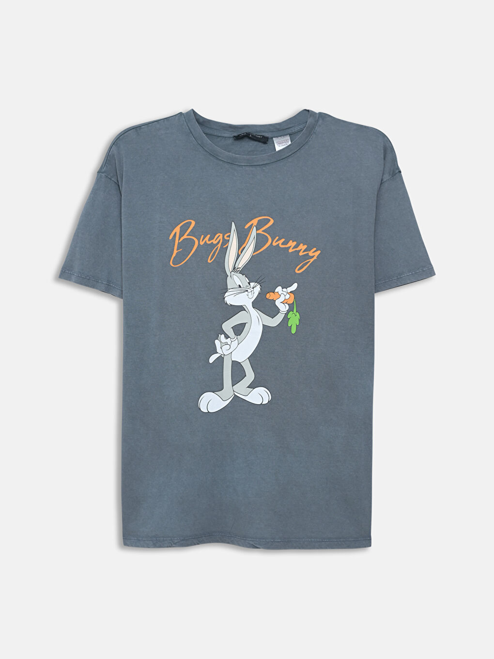 Gri Bisiklet Yaka Bugs Bunny Baskılı Kadın Tişört-4