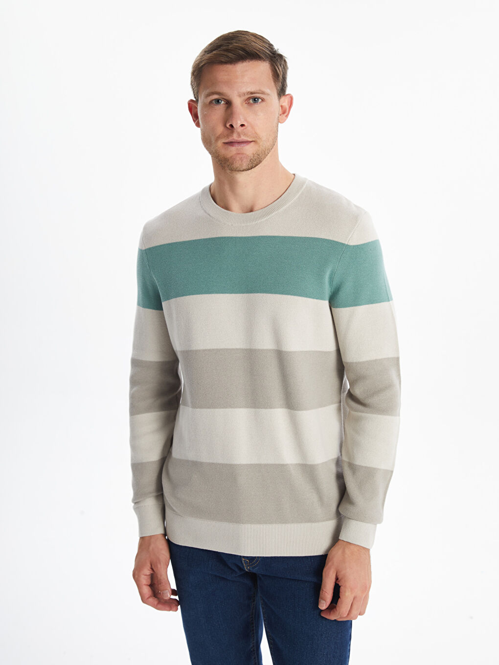 Crew Neck Long Sleeve Men's Tricot Sweater with Color Block -S50170Z8-YPS
