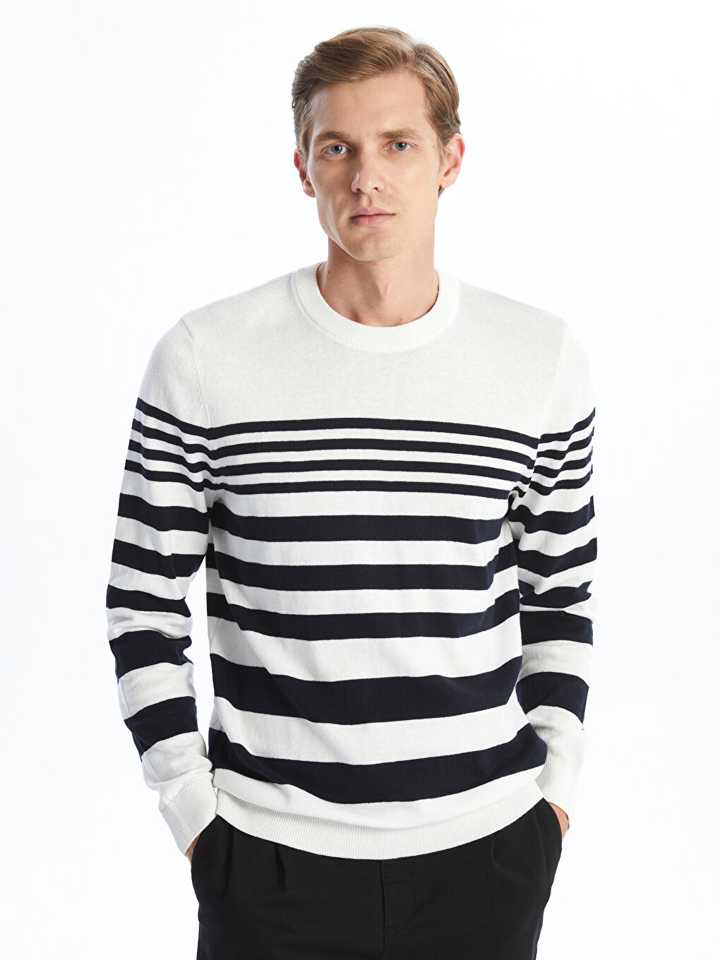 Crew Neck Long Sleeve Striped Men's Knitwear Sweater -S50171Z8-R9J