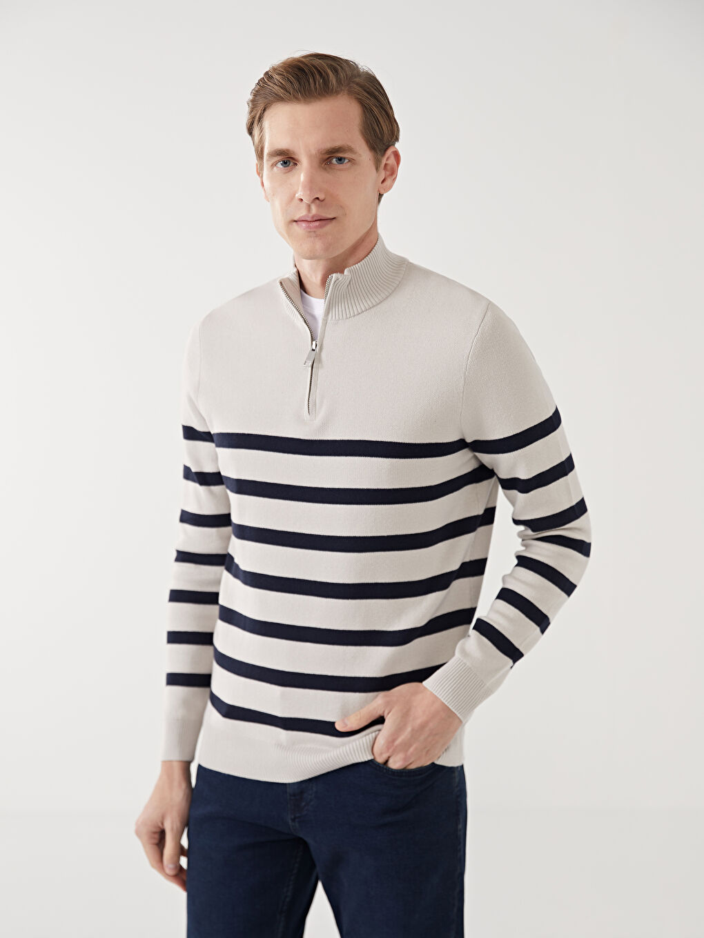 Funnel Neck Long Sleeve Striped Men's Knitwear Sweater -S50194Z8-DFH