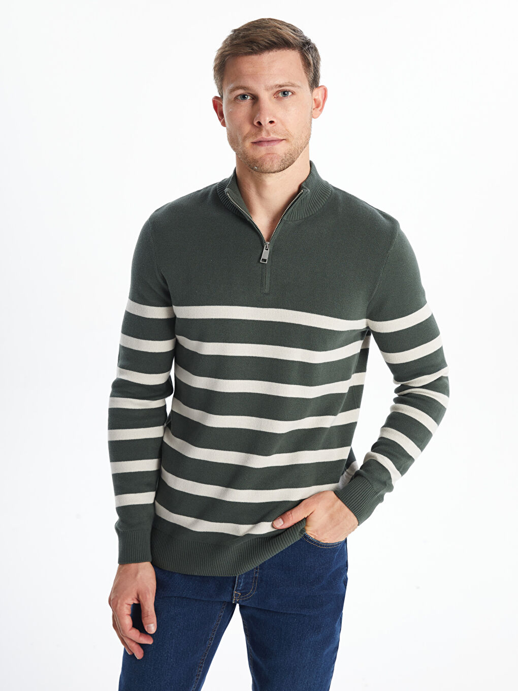 Funnel Neck Long Sleeve Striped Men's Knitwear Sweater -S50194Z8-HMP