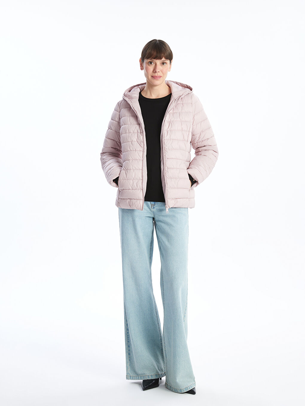 Lila Kapüşonlu Kadın Şişme Mont-1