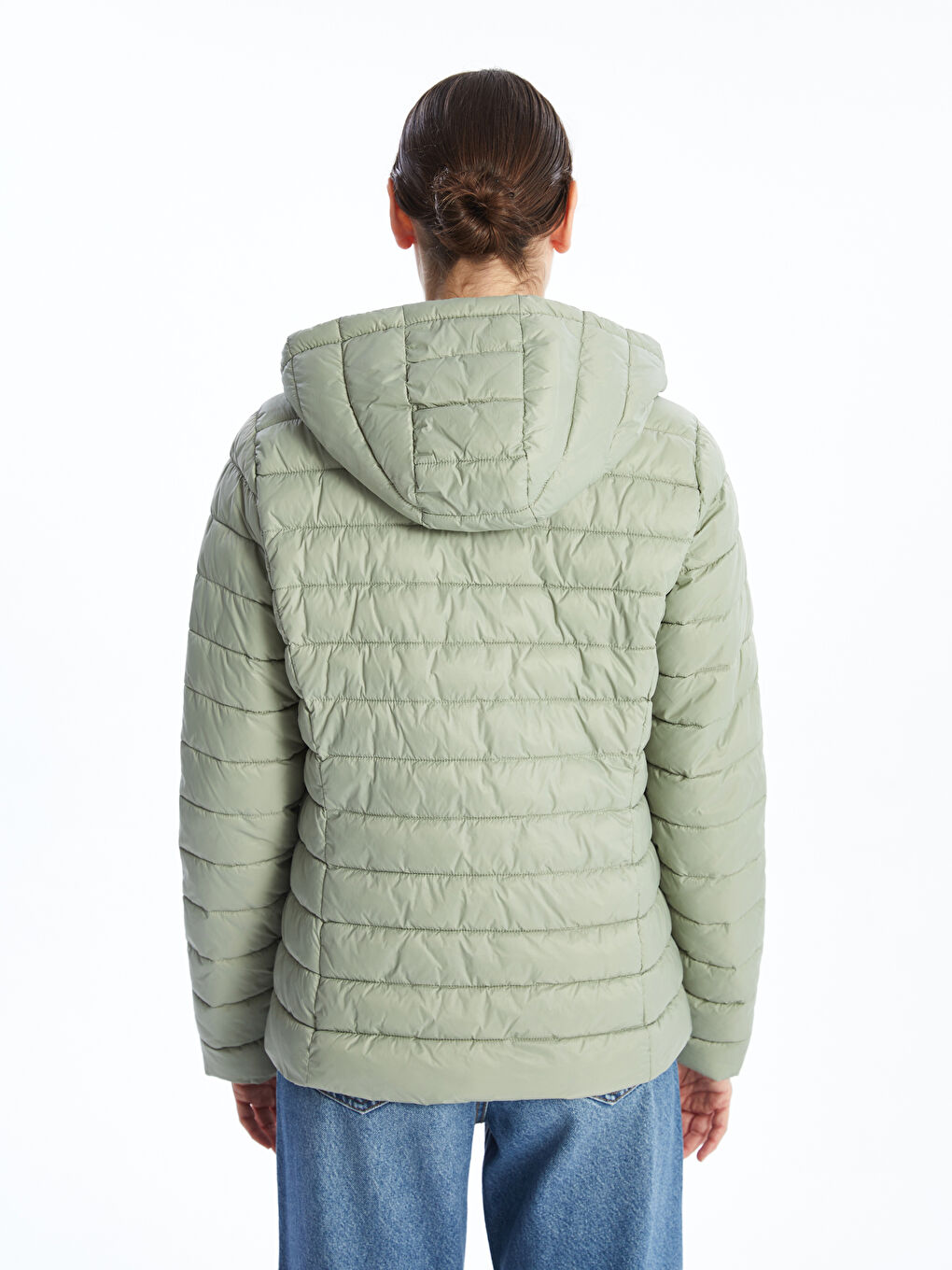 Yeşil Kapüşonlu Kadın Şişme Mont-4