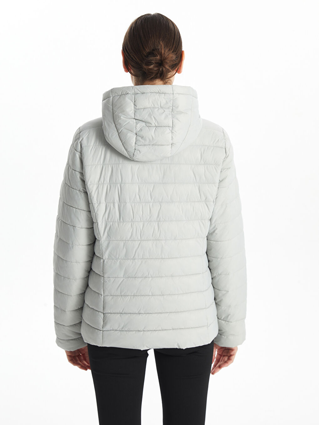 Gri Kapüşonlu Kadın Şişme Mont-4