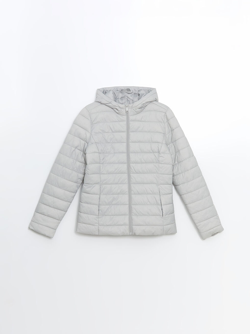 Gri Kapüşonlu Kadın Şişme Mont-5