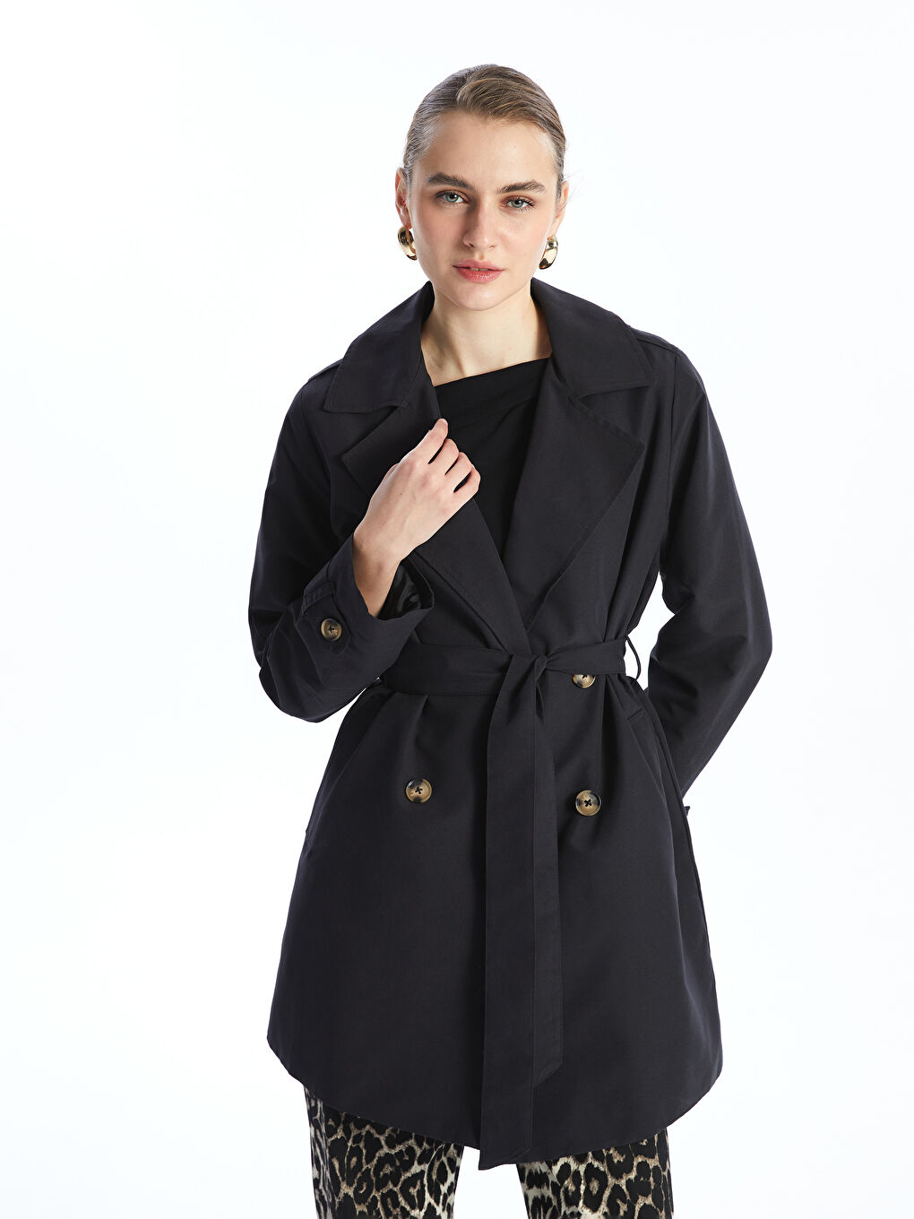 Women's Jacket Collar Plain Trench Coat -S50242Z8-CVL