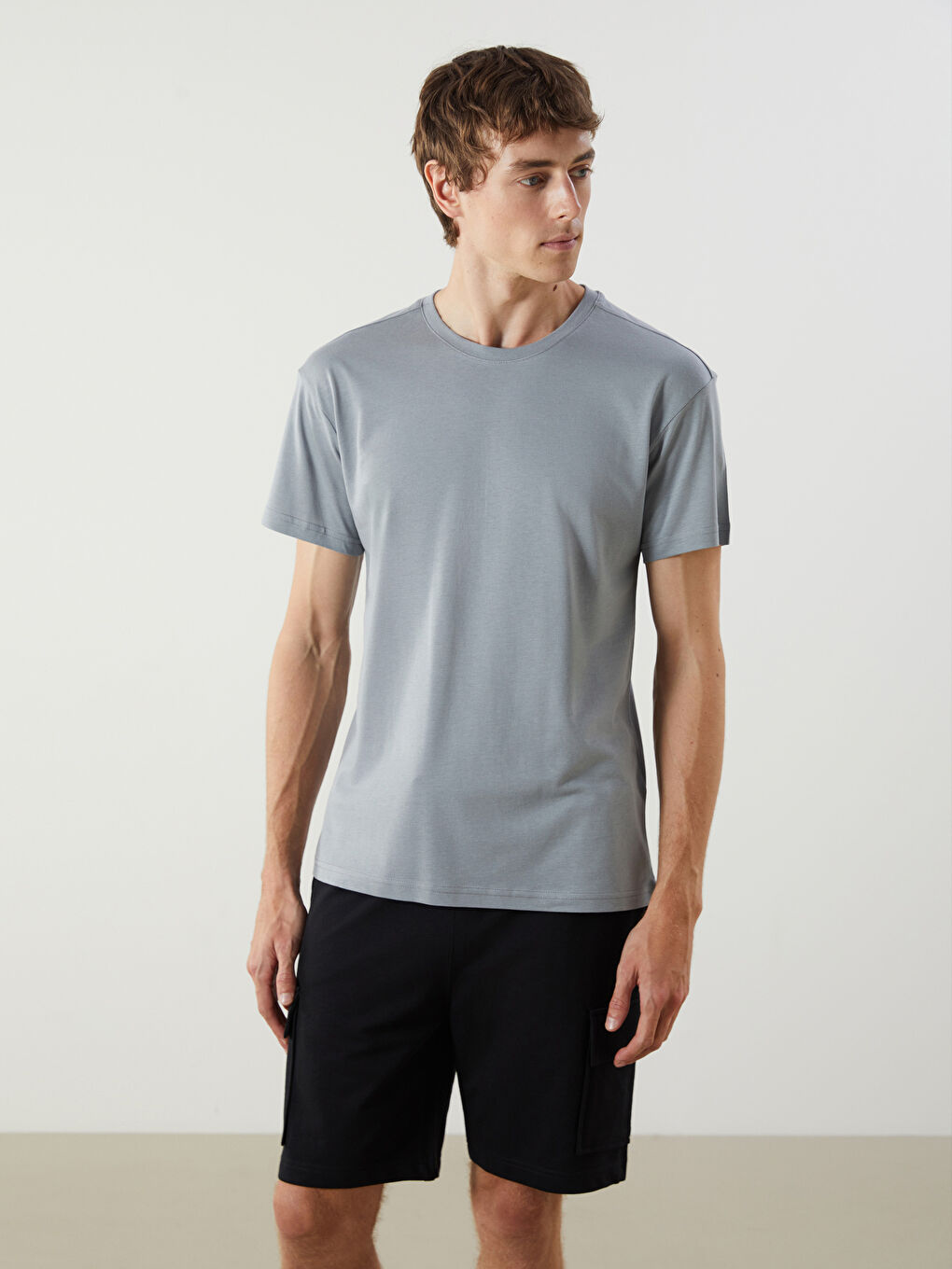 Gri Bisiklet Yaka Kısa Kollu Erkek Pijama Üst