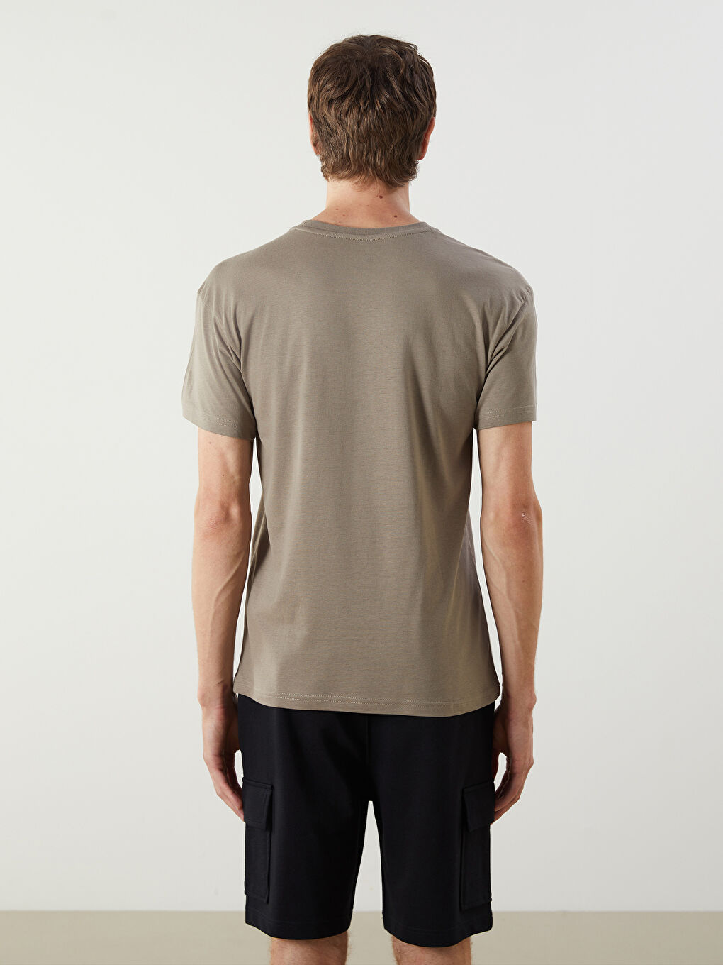 Bej Bisiklet Yaka Kısa Kollu Erkek Pijama Üst-3