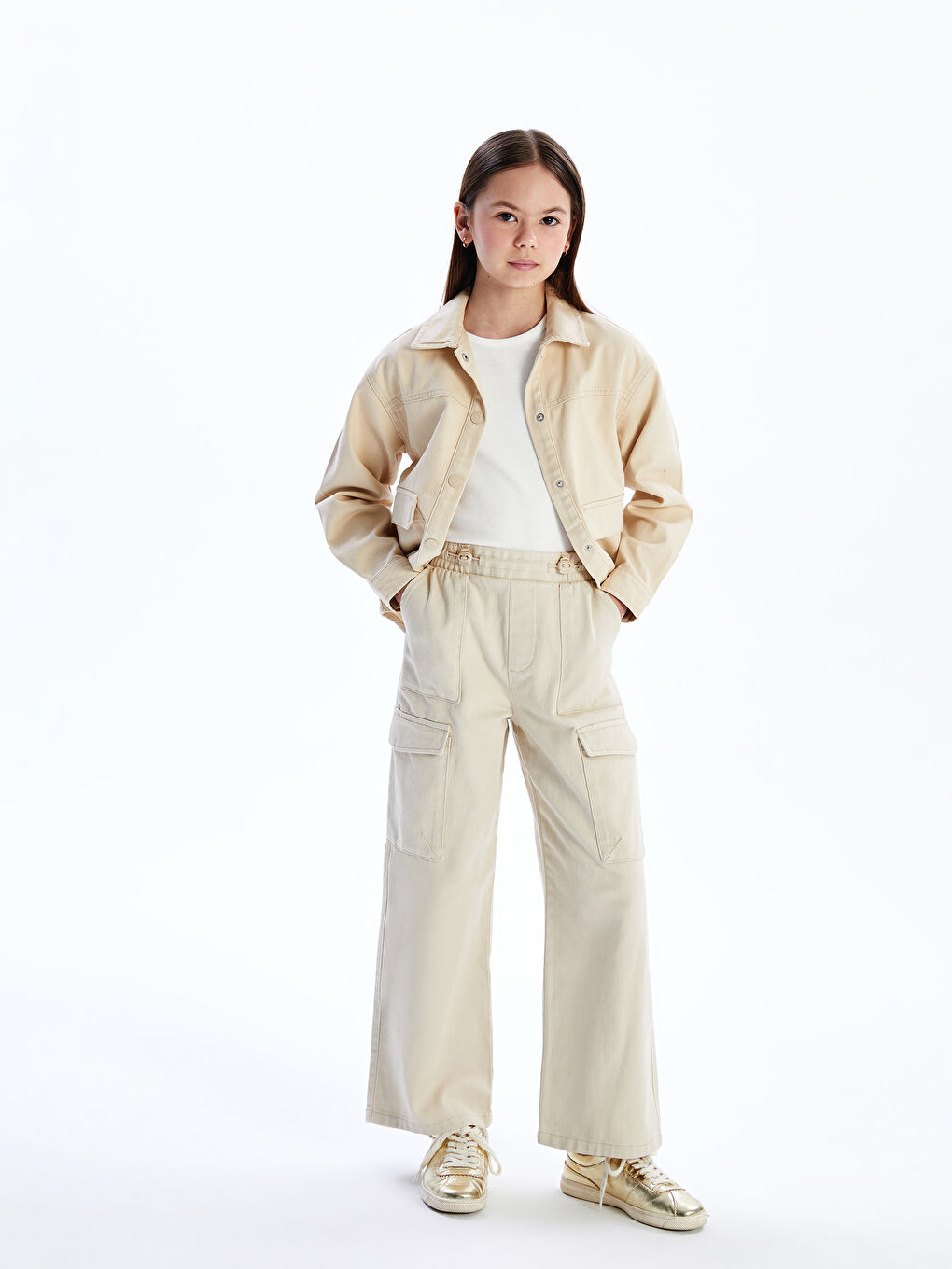 LCW Kids Bej Beli Lastikli Kız Çocuk Kargo Pantolon - 1