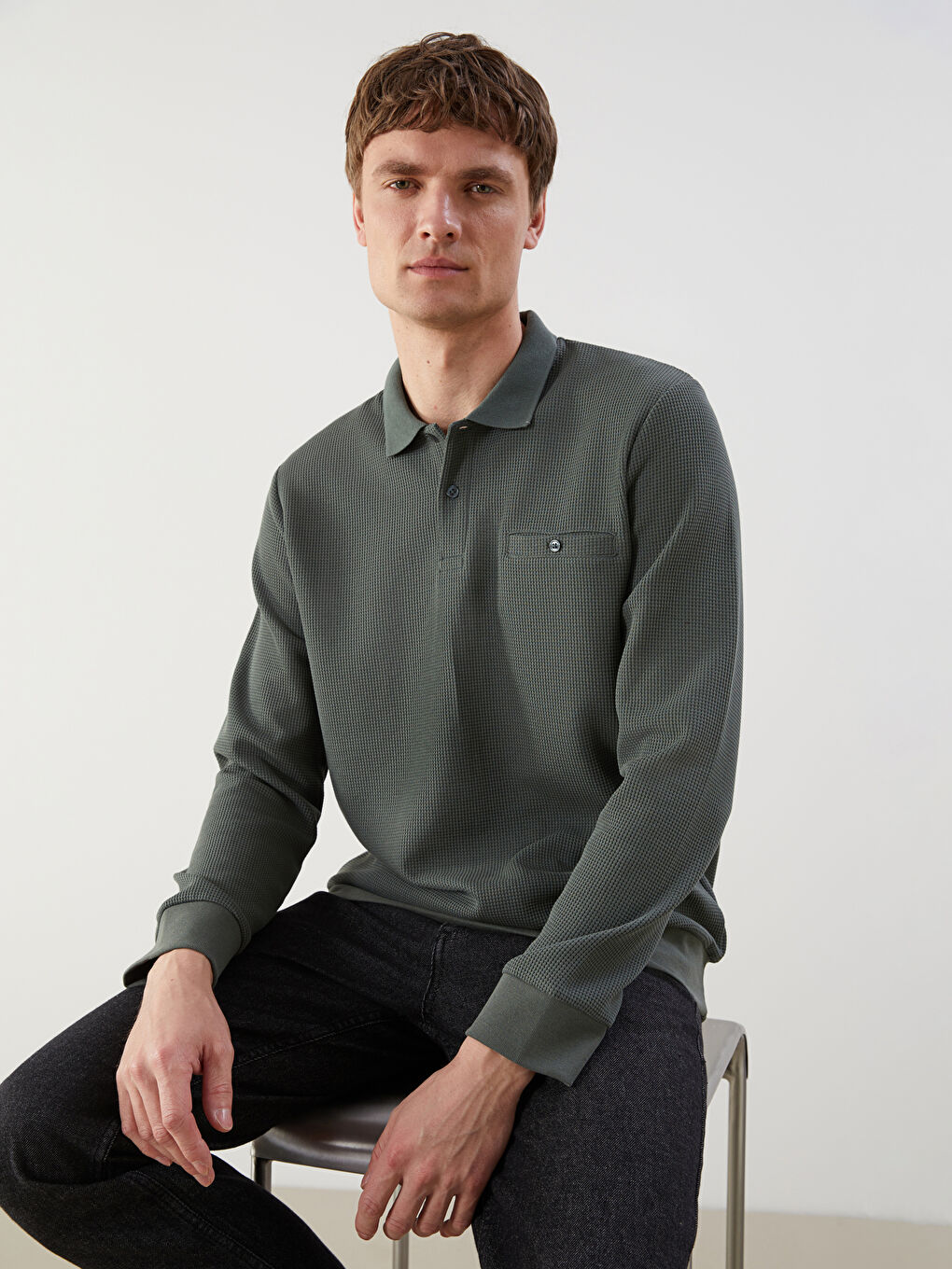 Yeşil Polo Yaka Uzun Kollu Erkek Sweatshirt