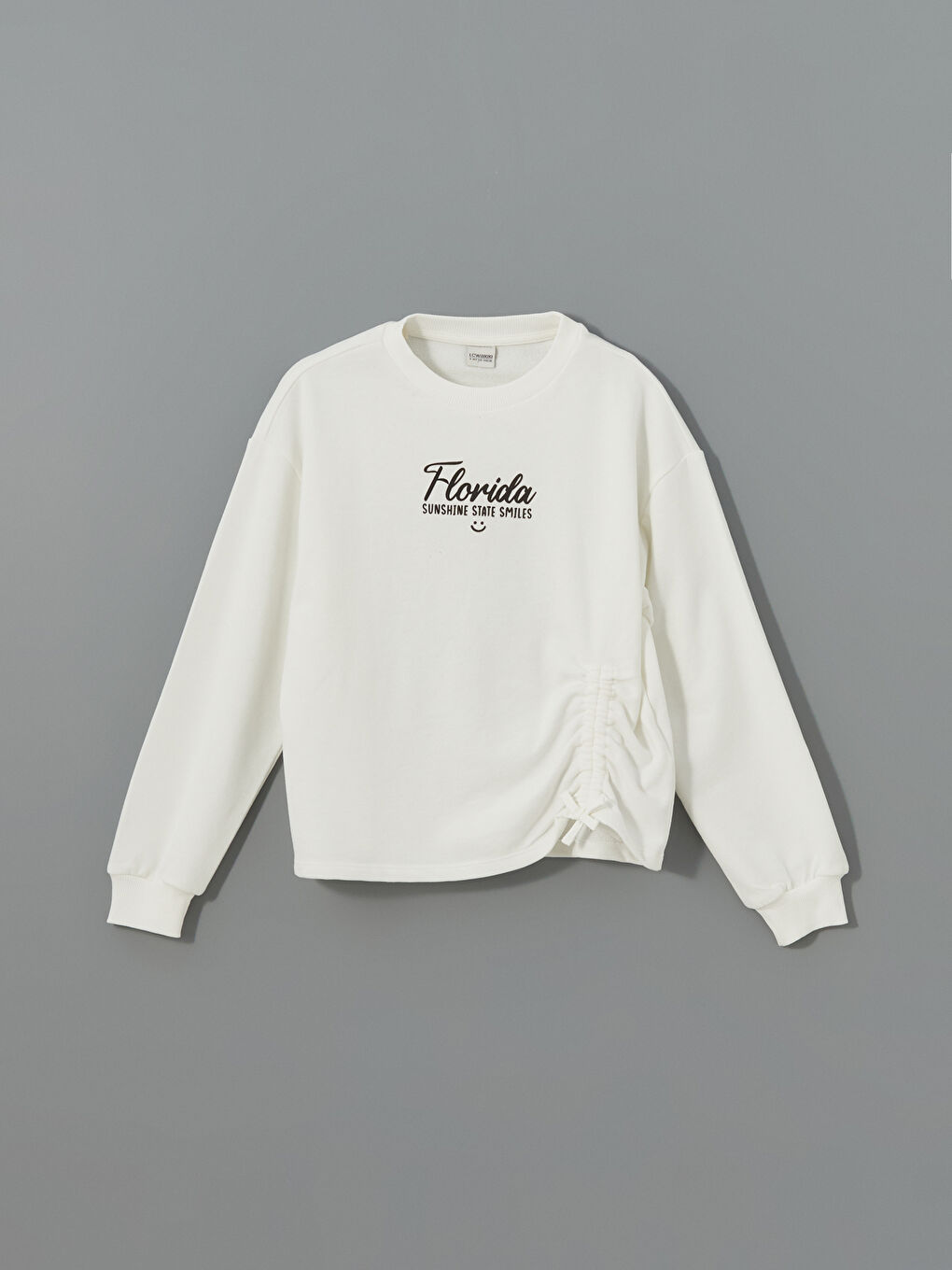 Ekru Bisiklet Yaka Florida Baskılı Kız Çocuk Sweatshirt