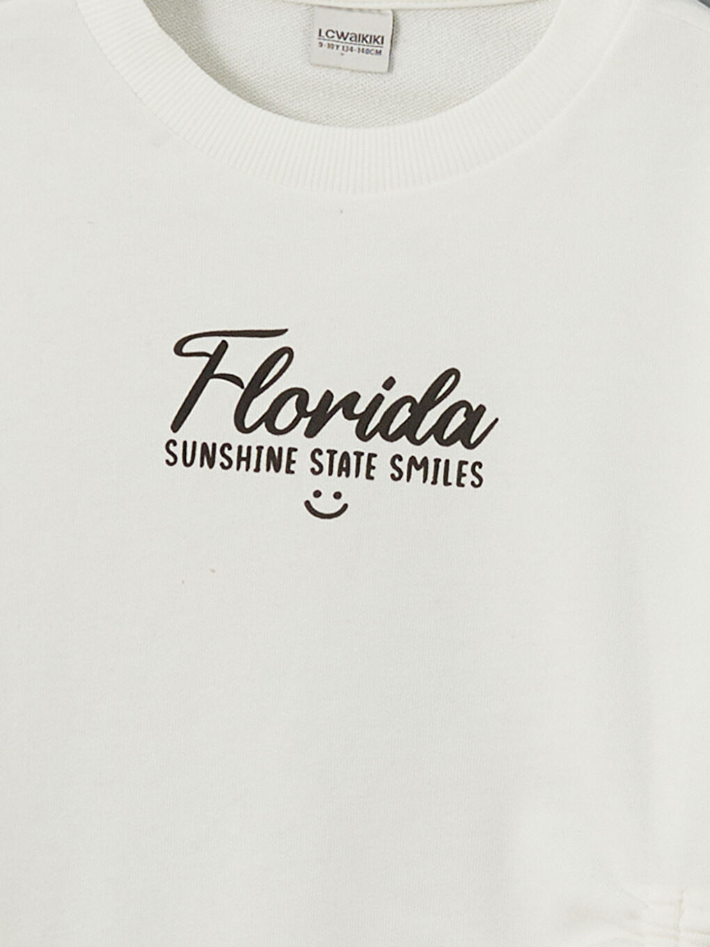 Ekru Bisiklet Yaka Florida Baskılı Kız Çocuk Sweatshirt-2