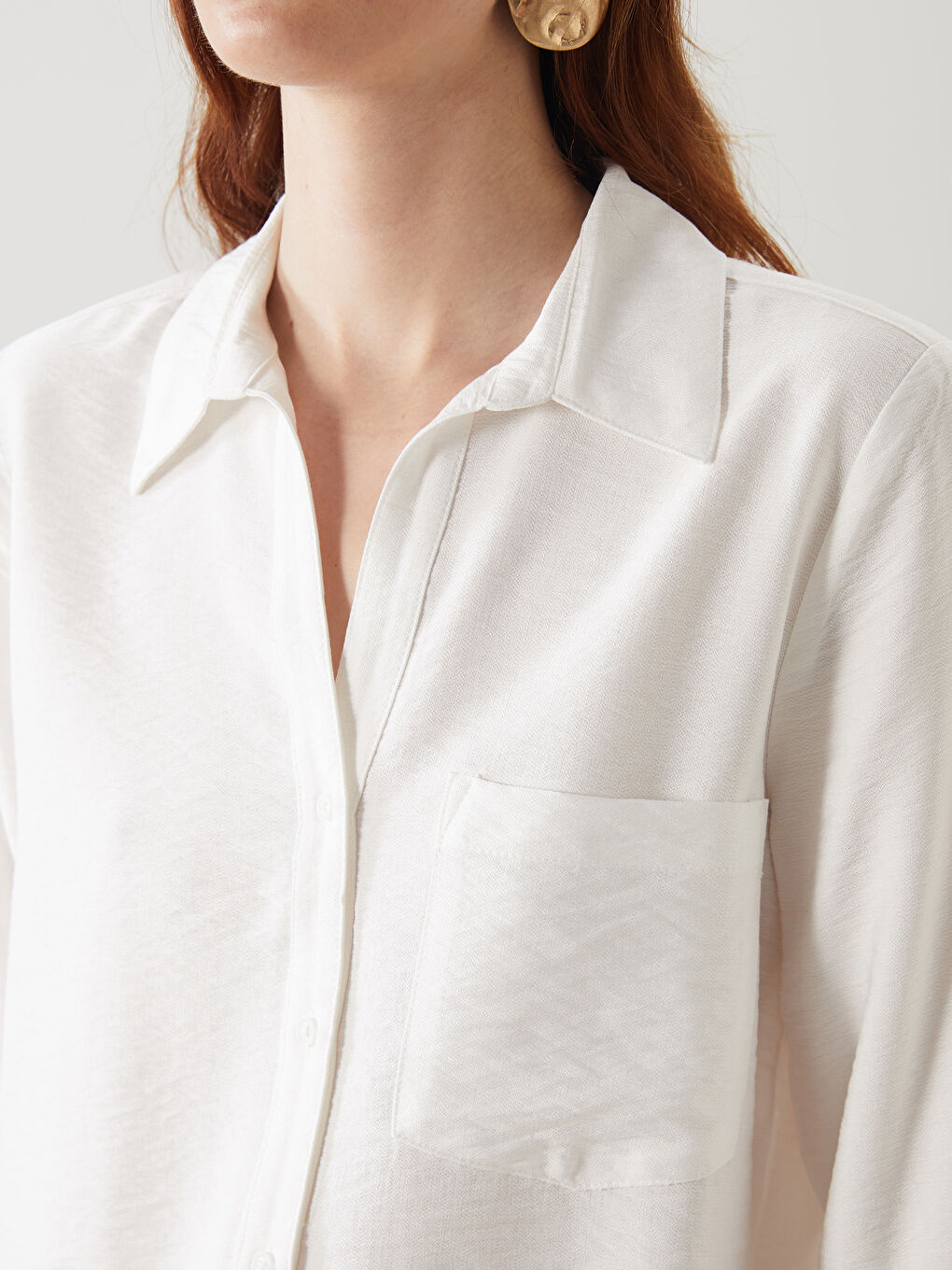 Ekru Düz Uzun Kollu Armürlü Kadın Gömlek-4