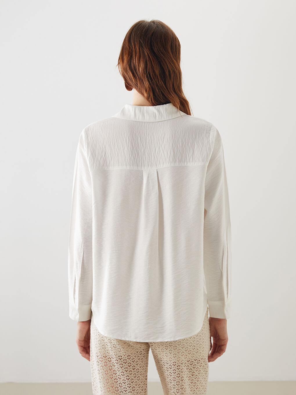 Ekru Düz Uzun Kollu Armürlü Kadın Gömlek-6