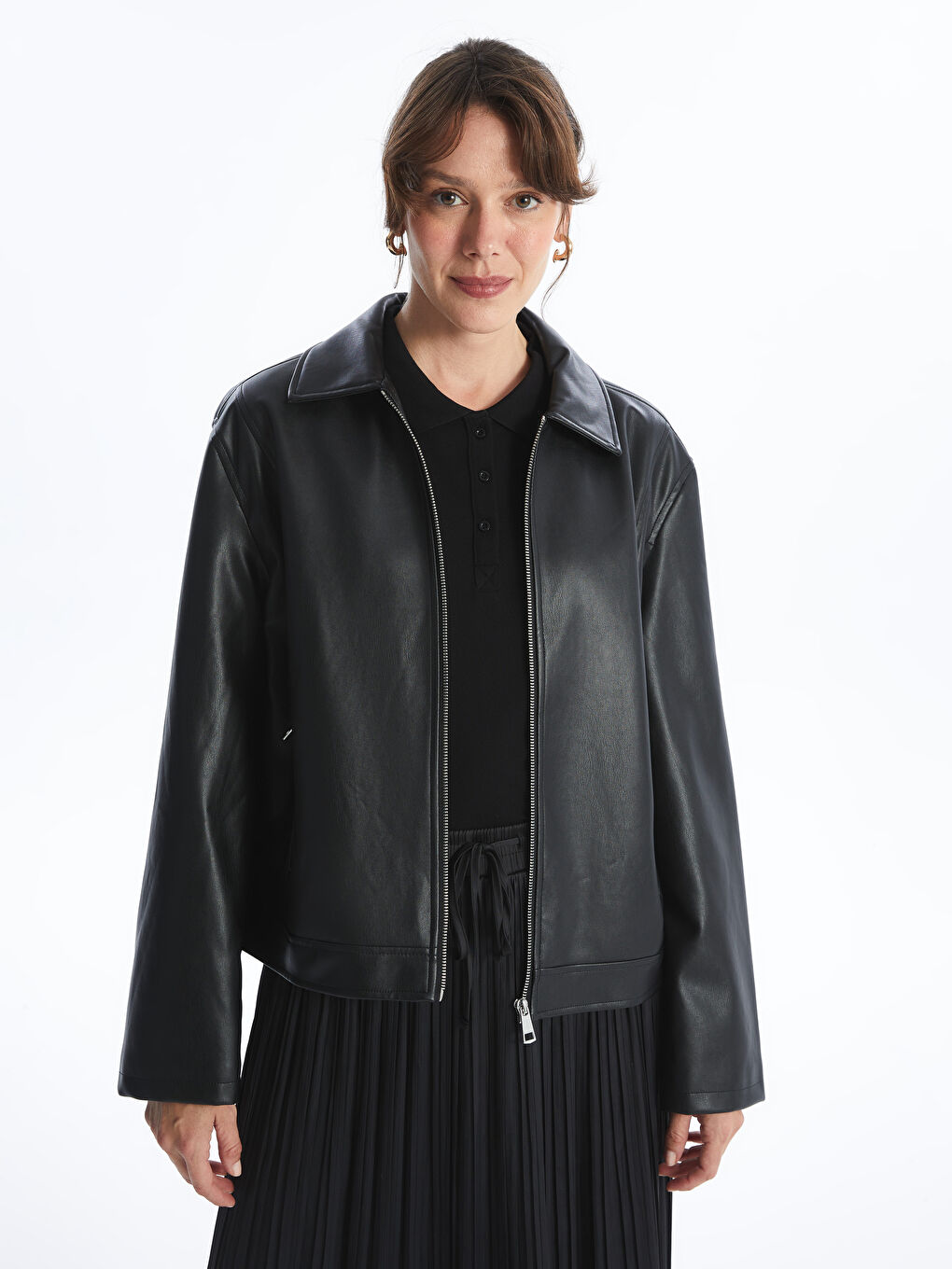 Collared Neck Women's Faux Leather Jacket -S50711Z8-CVL