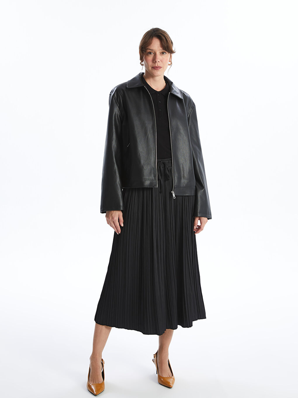 Collared Neck Women's Faux Leather Jacket -S50711Z8-CVL