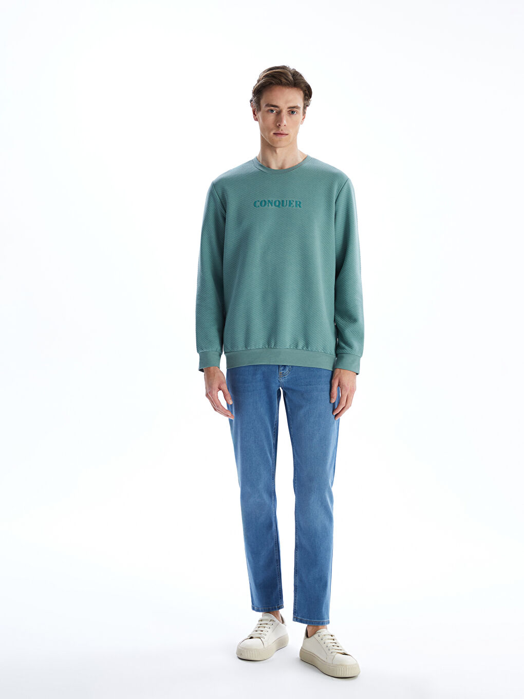 Yeşil Bisiklet Yaka Uzun Kollu Baskılı Erkek Sweatshirt-1