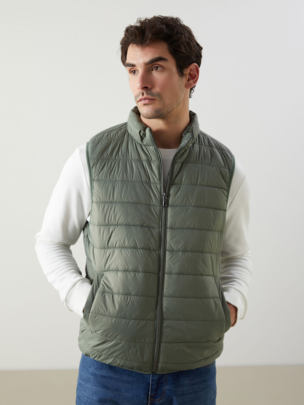 Yeşil Standart Kalıp Dik Yaka Erkek Şişme Yelek