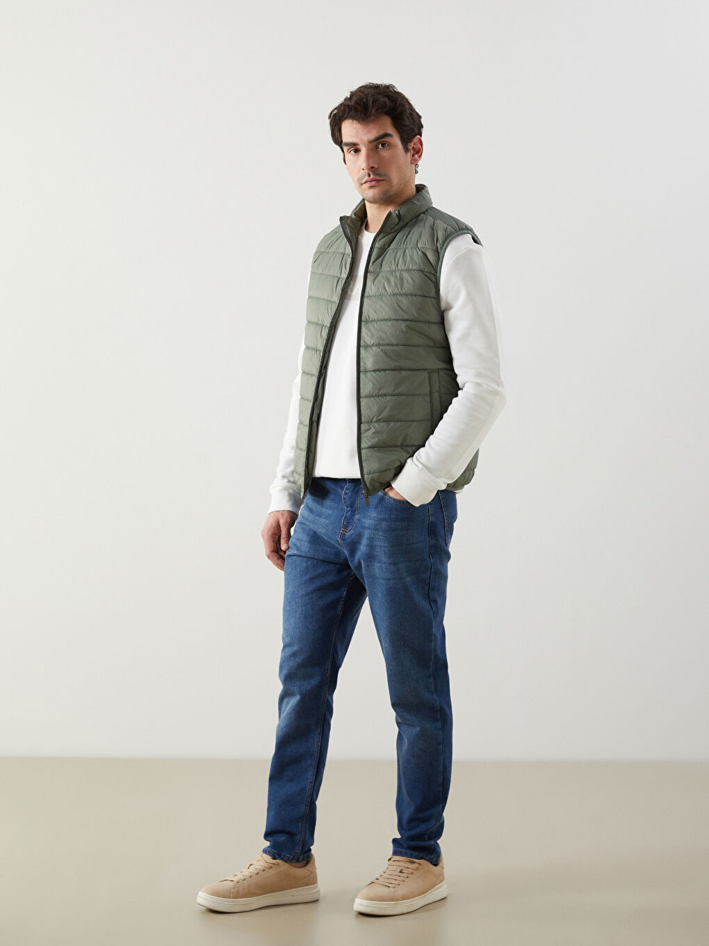 Yeşil Standart Kalıp Dik Yaka Erkek Şişme Yelek-1