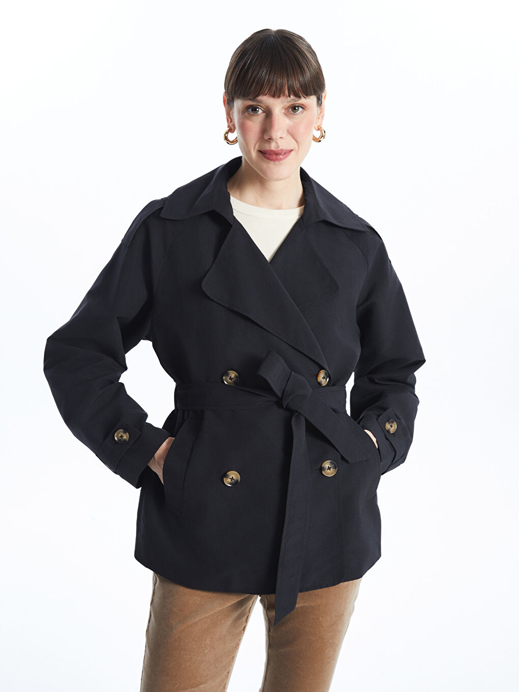 Women's Jacket Collar Plain Trench Coat -S50816Z8-CVL