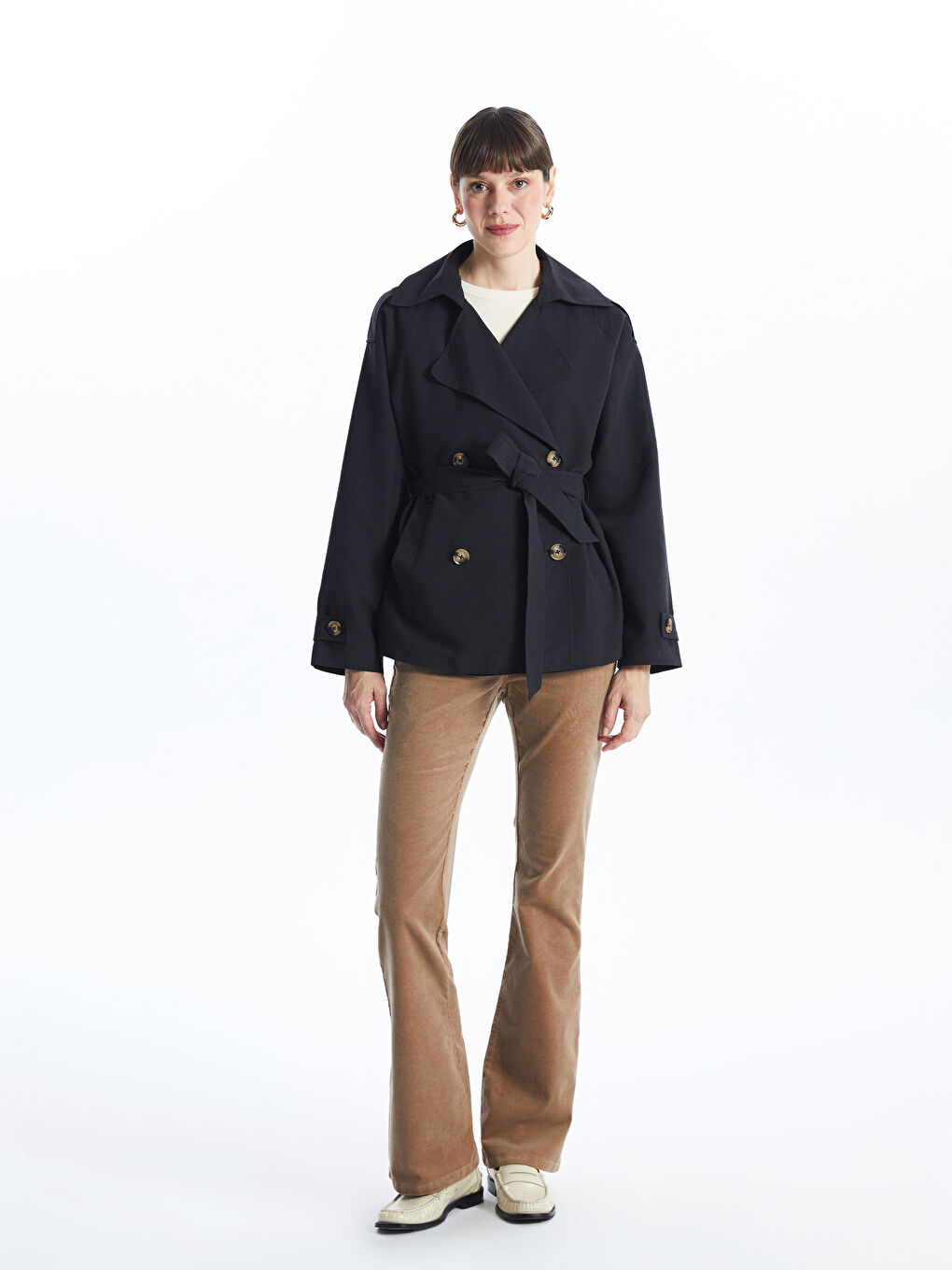 Women's Jacket Collar Plain Trench Coat -S50816Z8-CVL