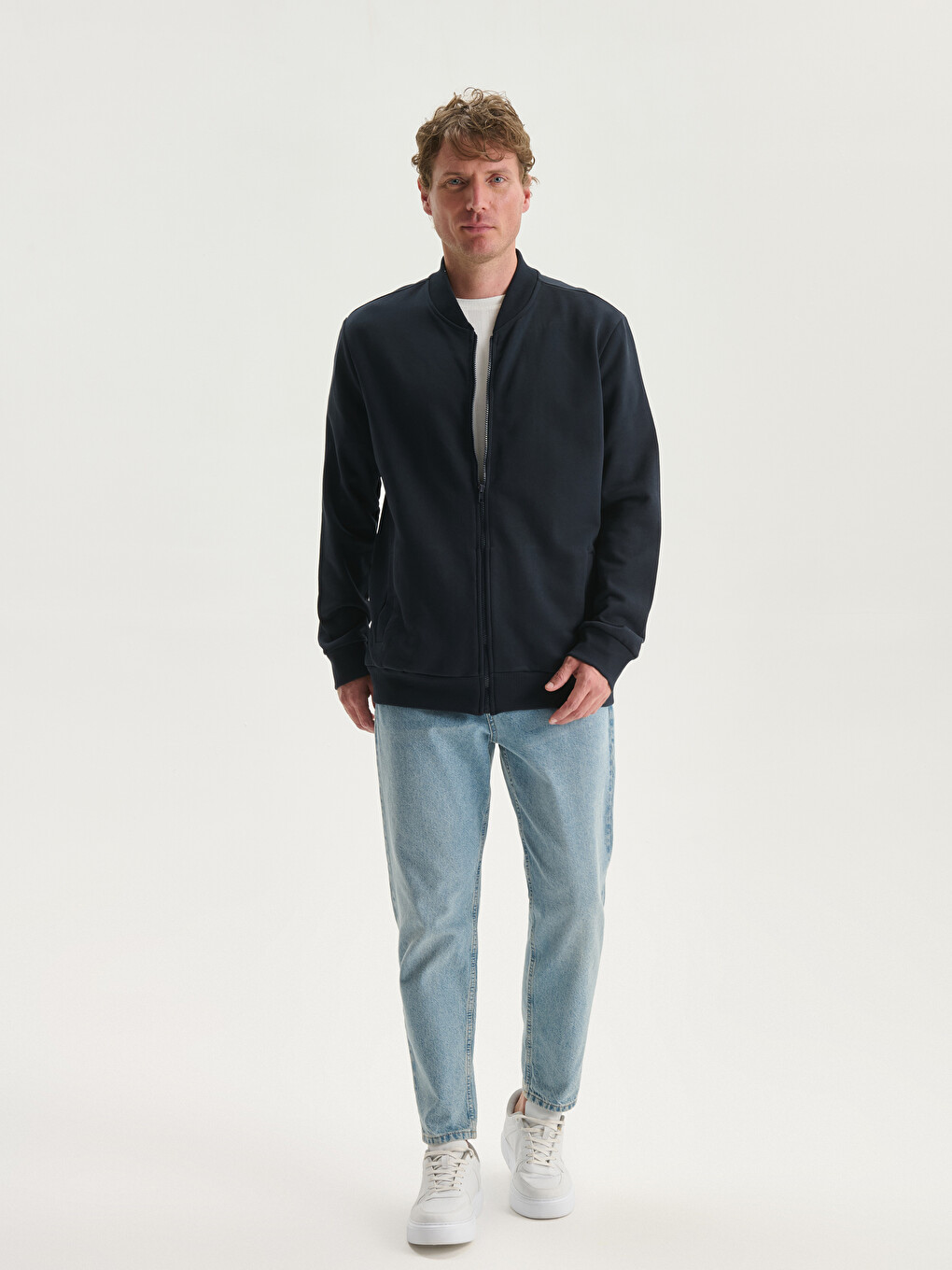 Lacivert Kolej Yaka Uzun Kollu Erkek Fermuarlı Sweatshirt-1