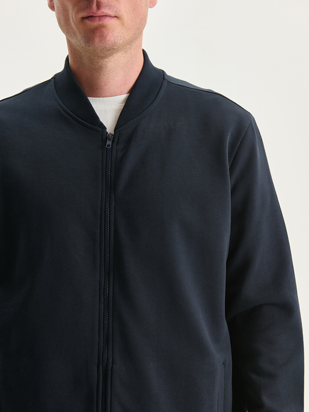 Lacivert Kolej Yaka Uzun Kollu Erkek Fermuarlı Sweatshirt-2