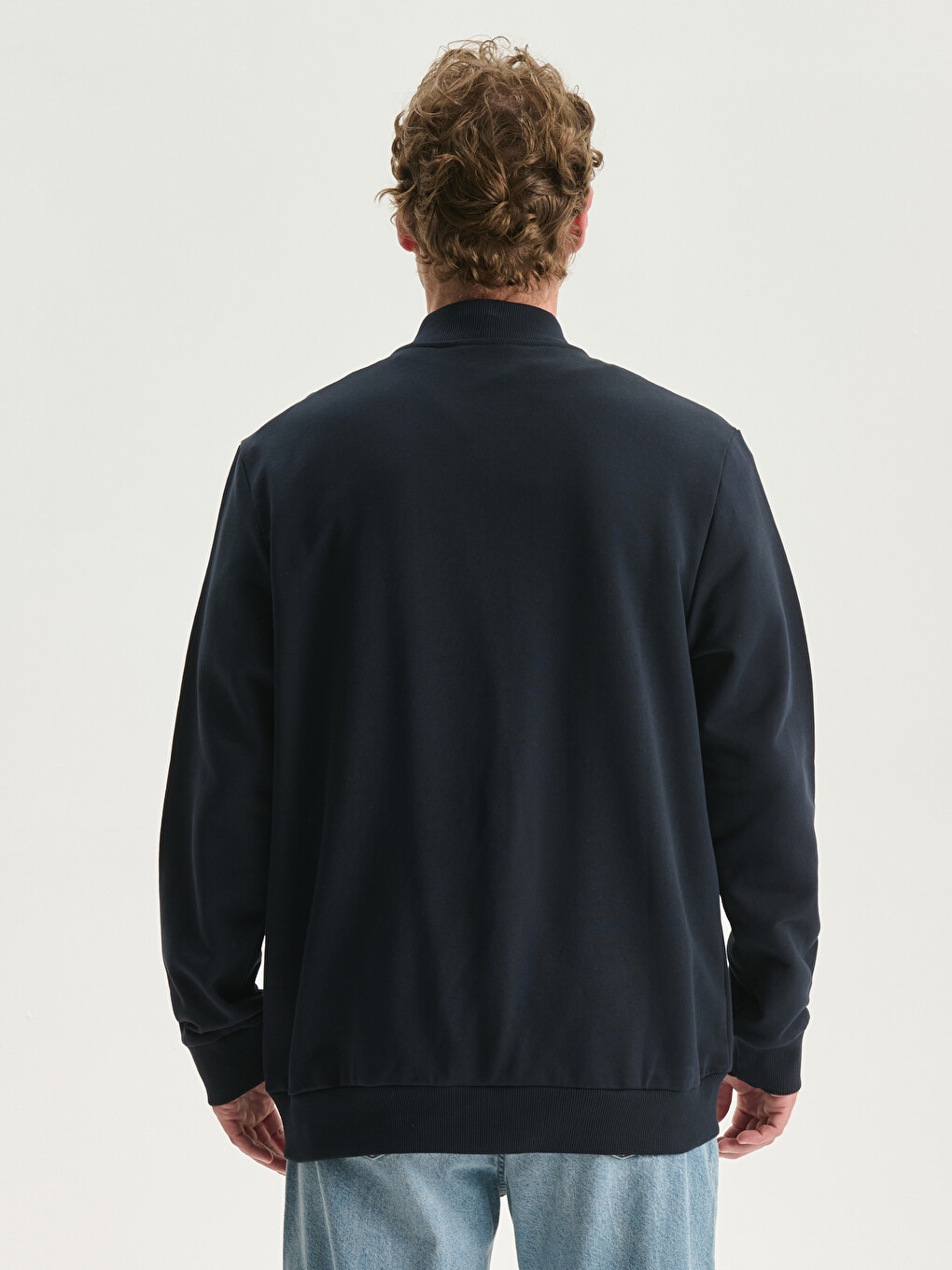 Lacivert Kolej Yaka Uzun Kollu Erkek Fermuarlı Sweatshirt-3