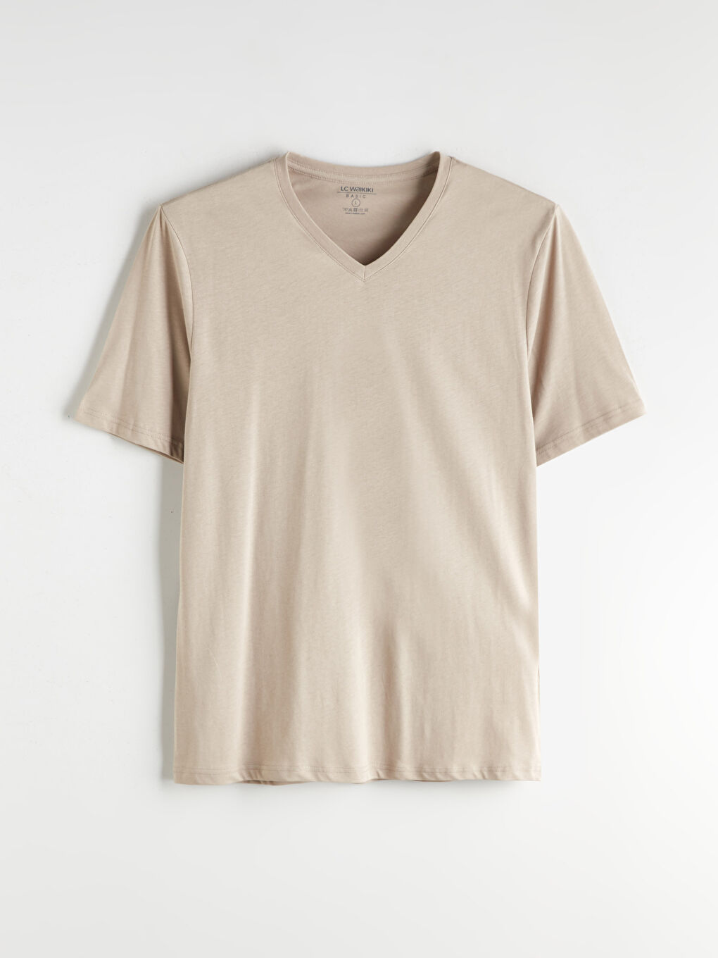 Bej V Yaka Kısa Kollu Penye Erkek Tişört-4