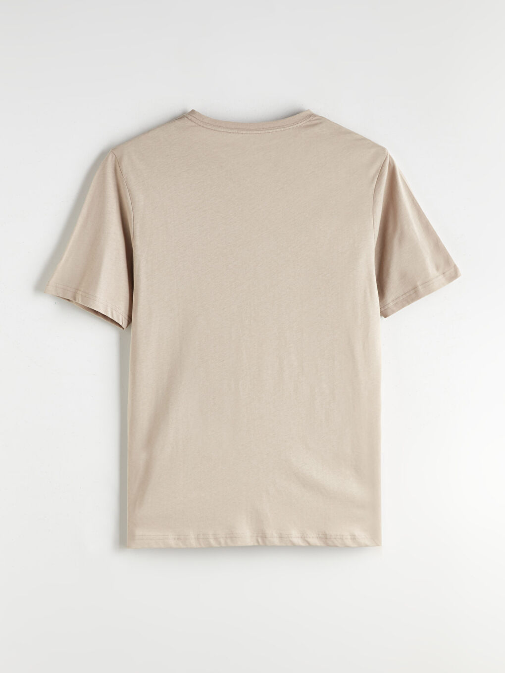 Bej V Yaka Kısa Kollu Penye Erkek Tişört-5