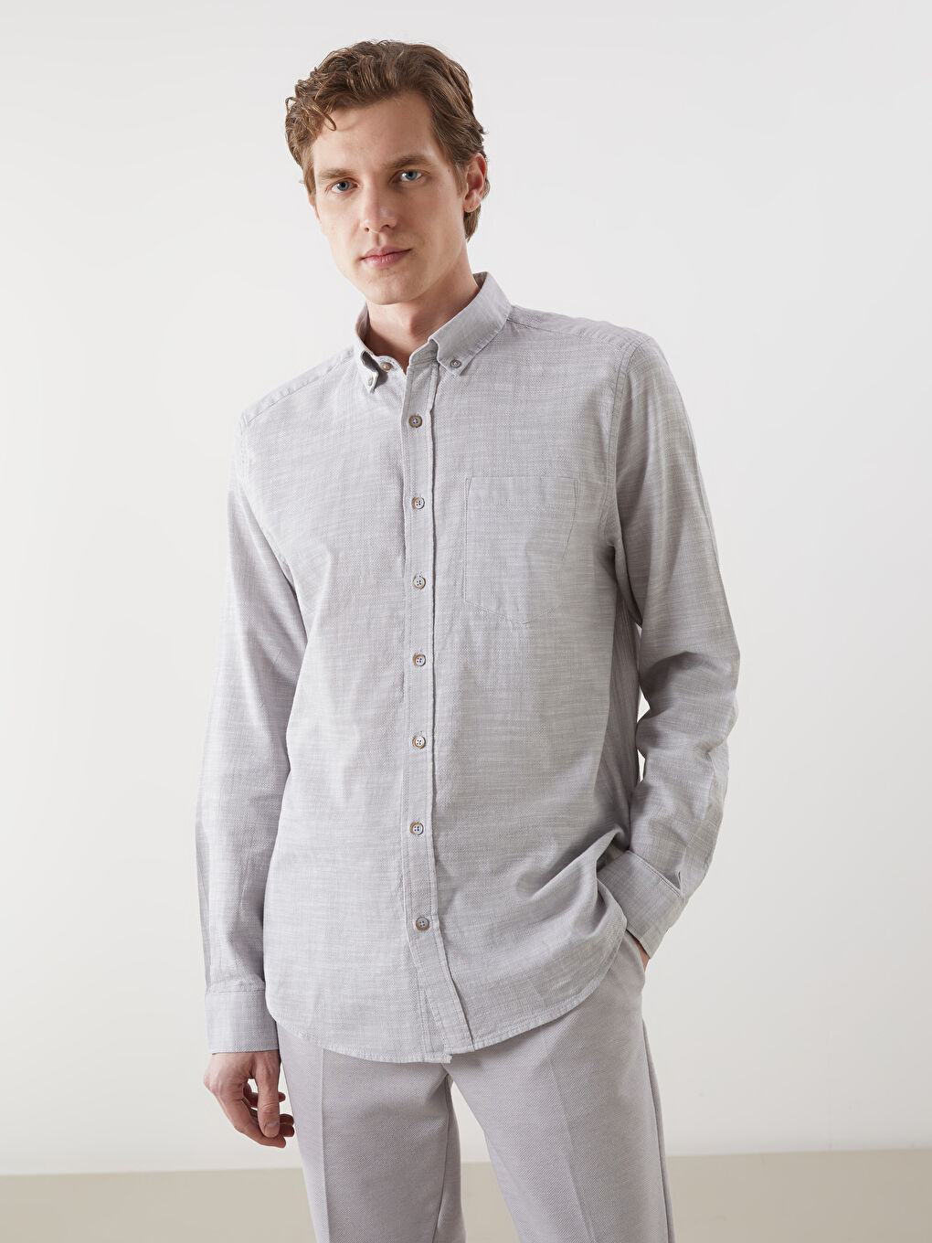 Regular Fit Long Sleeve Dobby Weave Men's Shirt -S50855Z8-QKF