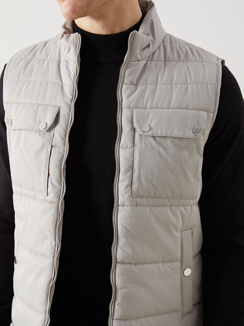 Gri Standart Kalıp Dik Yaka Erkek Şişme Yelek-2