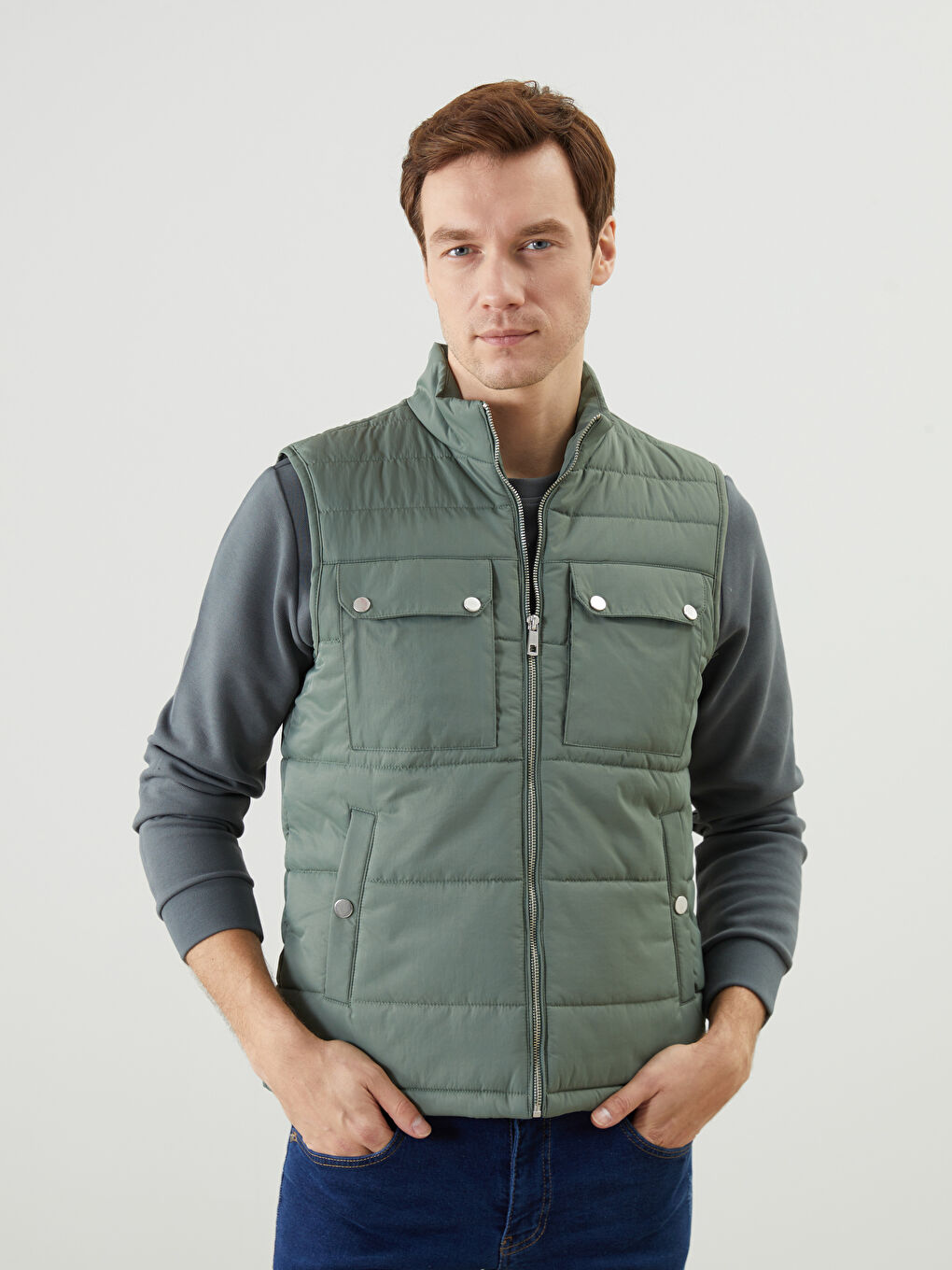 Yeşil Standart Kalıp Dik Yaka Erkek Şişme Yelek