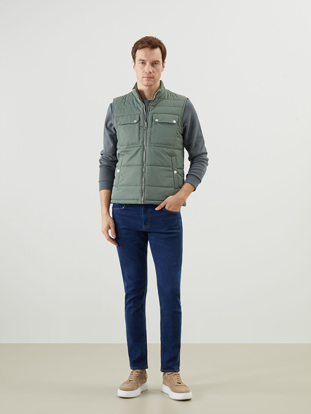 Yeşil Standart Kalıp Dik Yaka Erkek Şişme Yelek-1