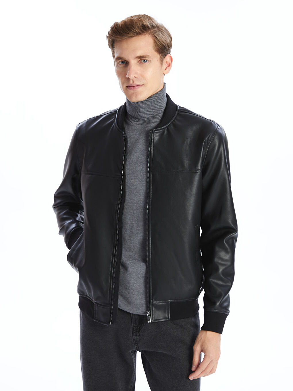 Standard Fit College Collar Men's Faux Leather Coat -S50906Z8-CVL
