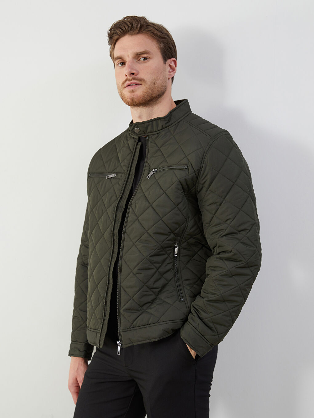 Standard Fit Biker Neck Quilted Men's Coat -S50919Z8-V9A