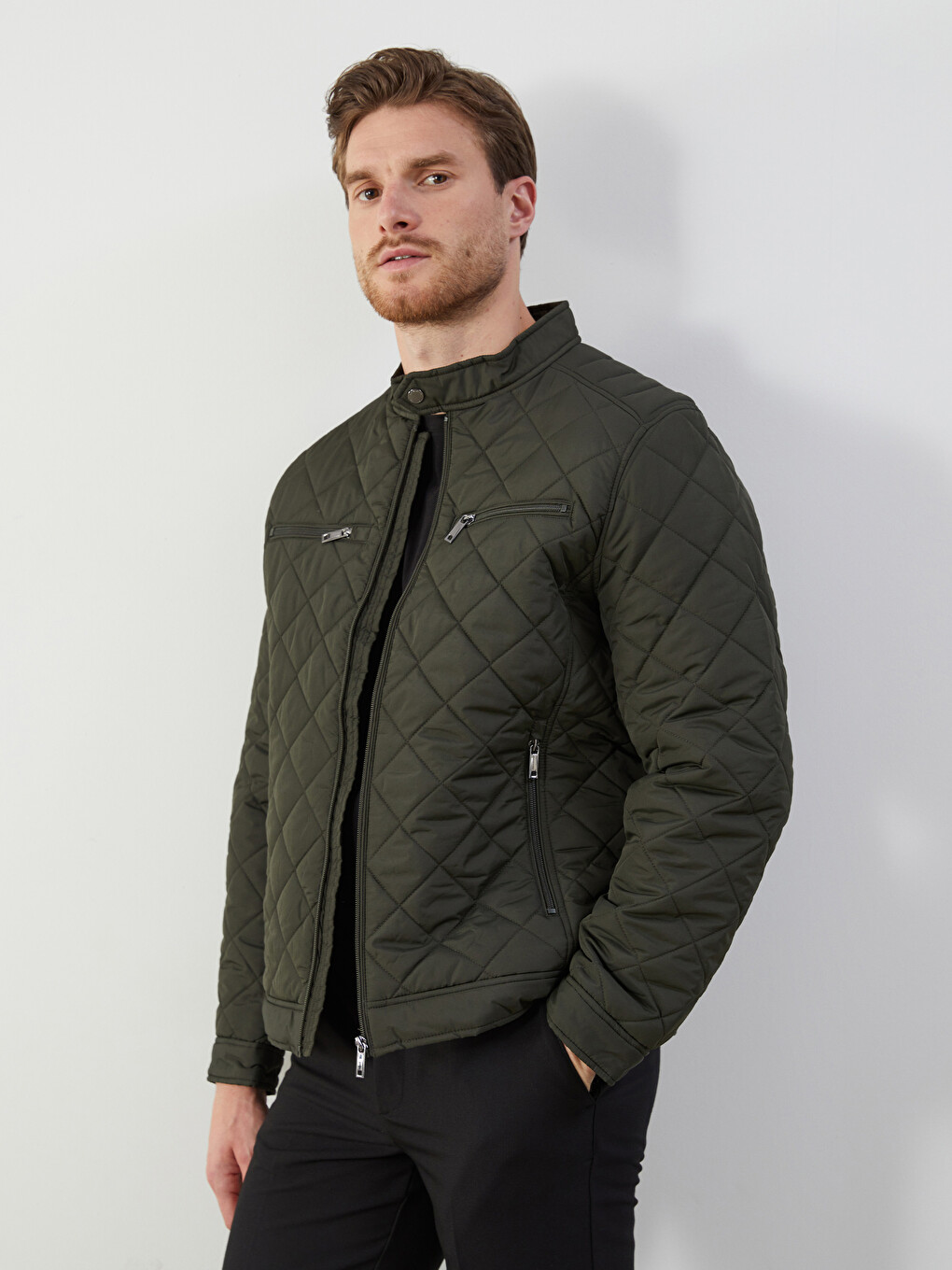 Standard Fit Biker Neck Quilted Men's Coat