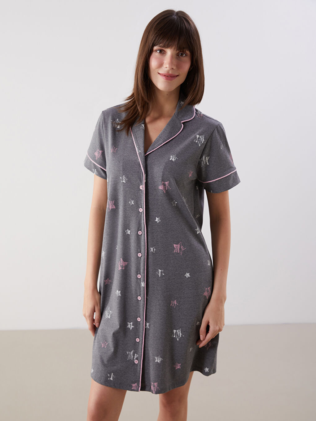 Gri Gömlek Yaka Desenli Hamile Gecelik-1