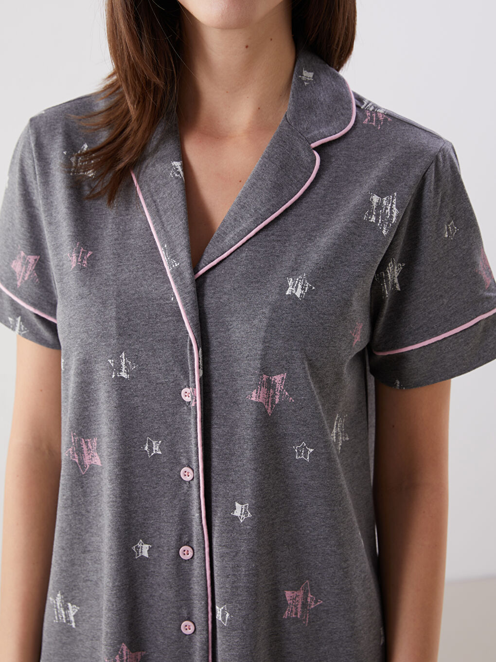 Gri Gömlek Yaka Desenli Hamile Gecelik-2