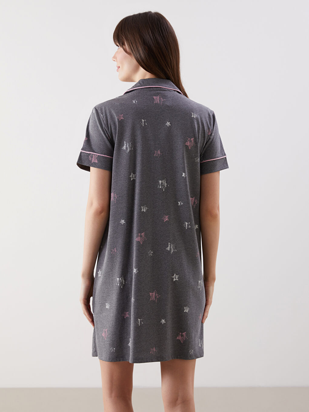 Gri Gömlek Yaka Desenli Hamile Gecelik-3