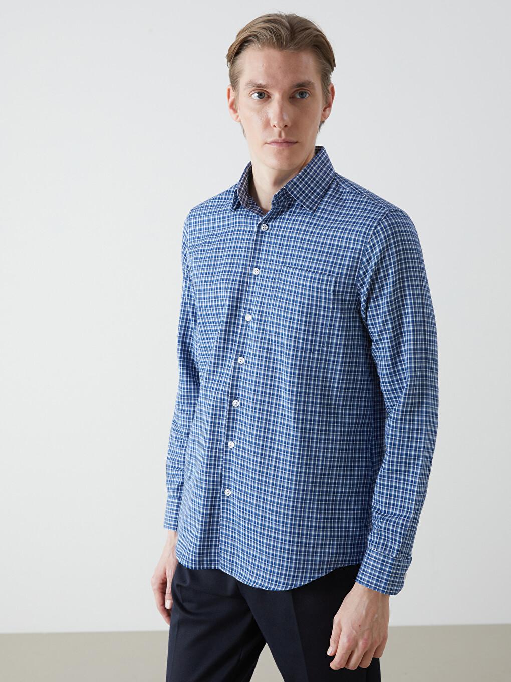 Regular Fit Long Sleeve Plaid Gabardine Men's Shirt-1