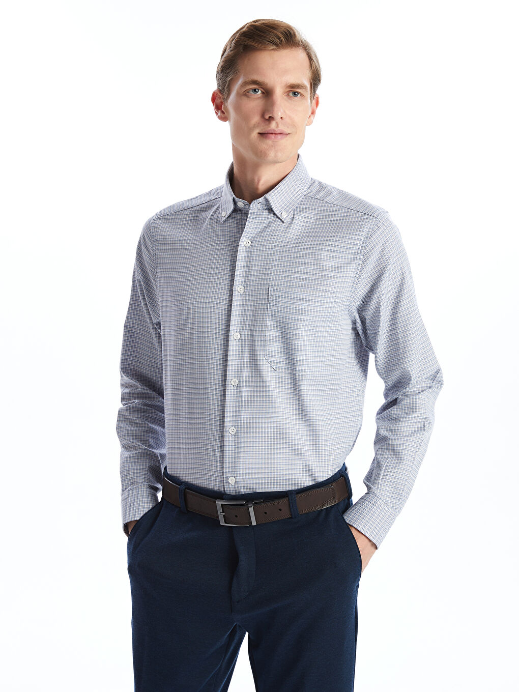 Regular Fit Long Sleeve Plaid Gabardine Men's Shirt -S51045Z8-LMK