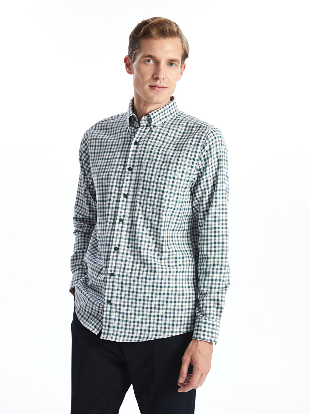 Regular Fit Long Sleeve Plaid Gabardine Men's Shirt -S51048Z8-LME
