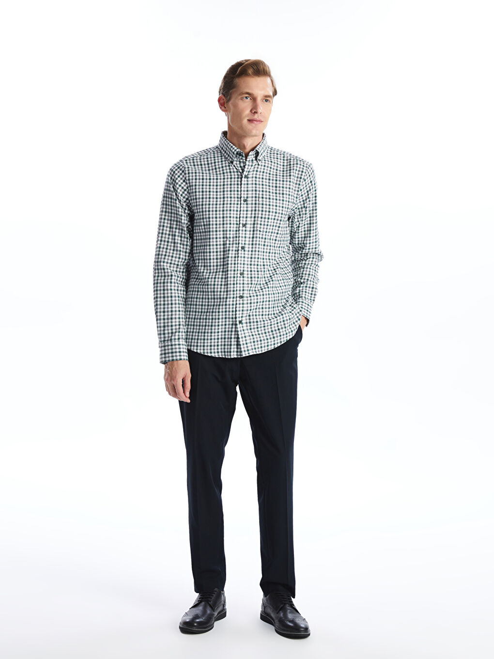 Regular Fit Long Sleeve Plaid Gabardine Men's Shirt -S51048Z8-LME