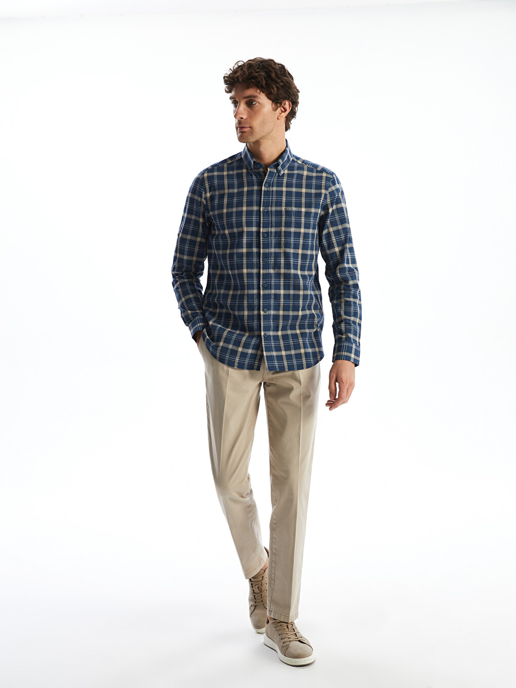 Lacivert Regular Fit Uzun Kollu Ekose Poplin Erkek Gömlek-1