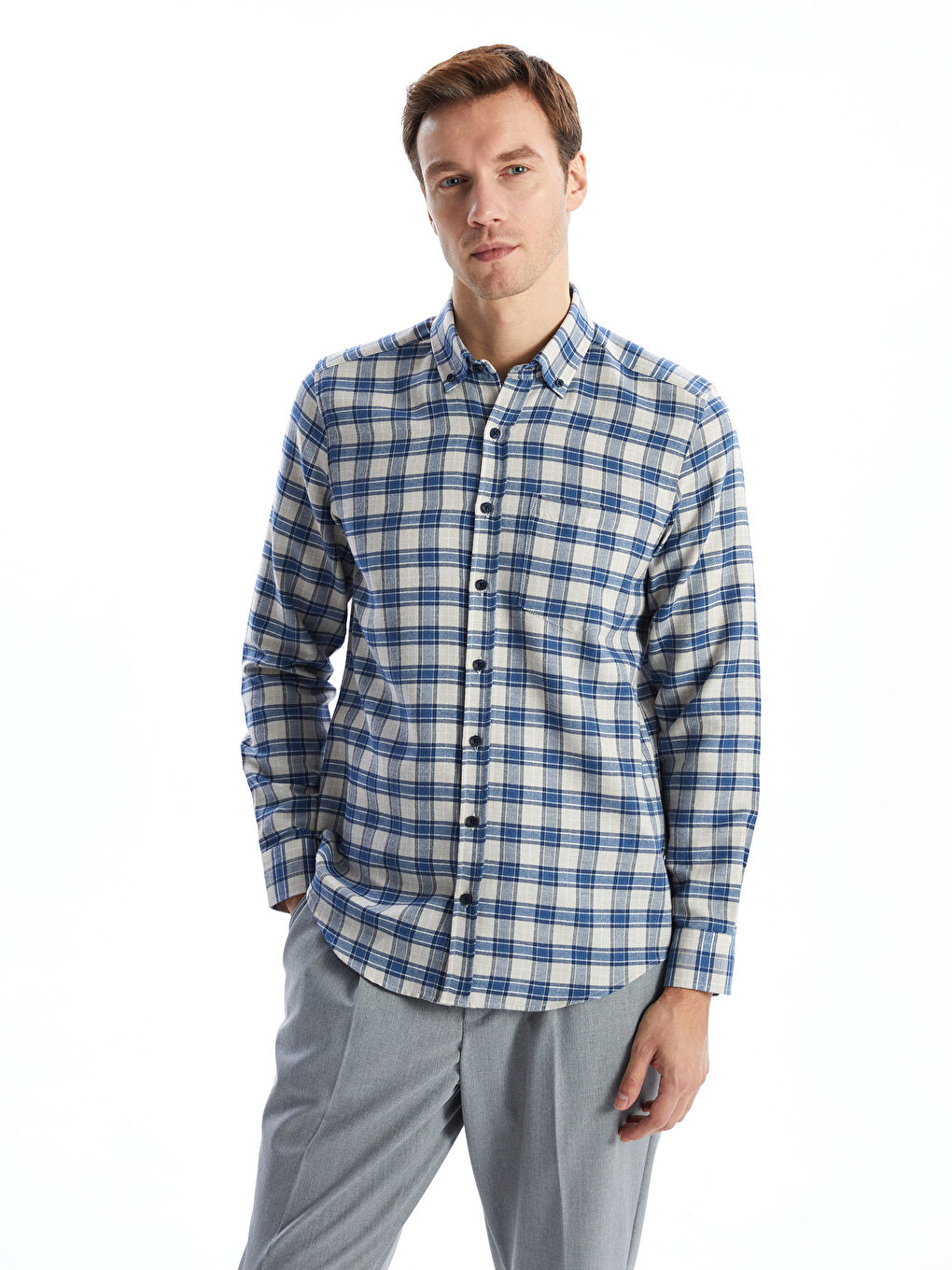 Regular Fit Long Sleeve Plaid Gabardine Men's Shirt -S51052Z8-LKQ