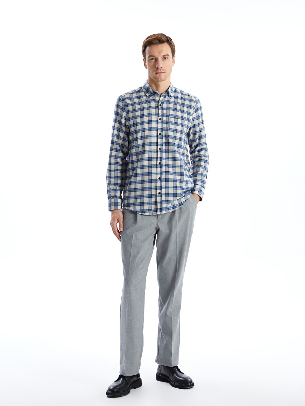 Regular Fit Long Sleeve Plaid Gabardine Men's Shirt -S51052Z8-LKQ