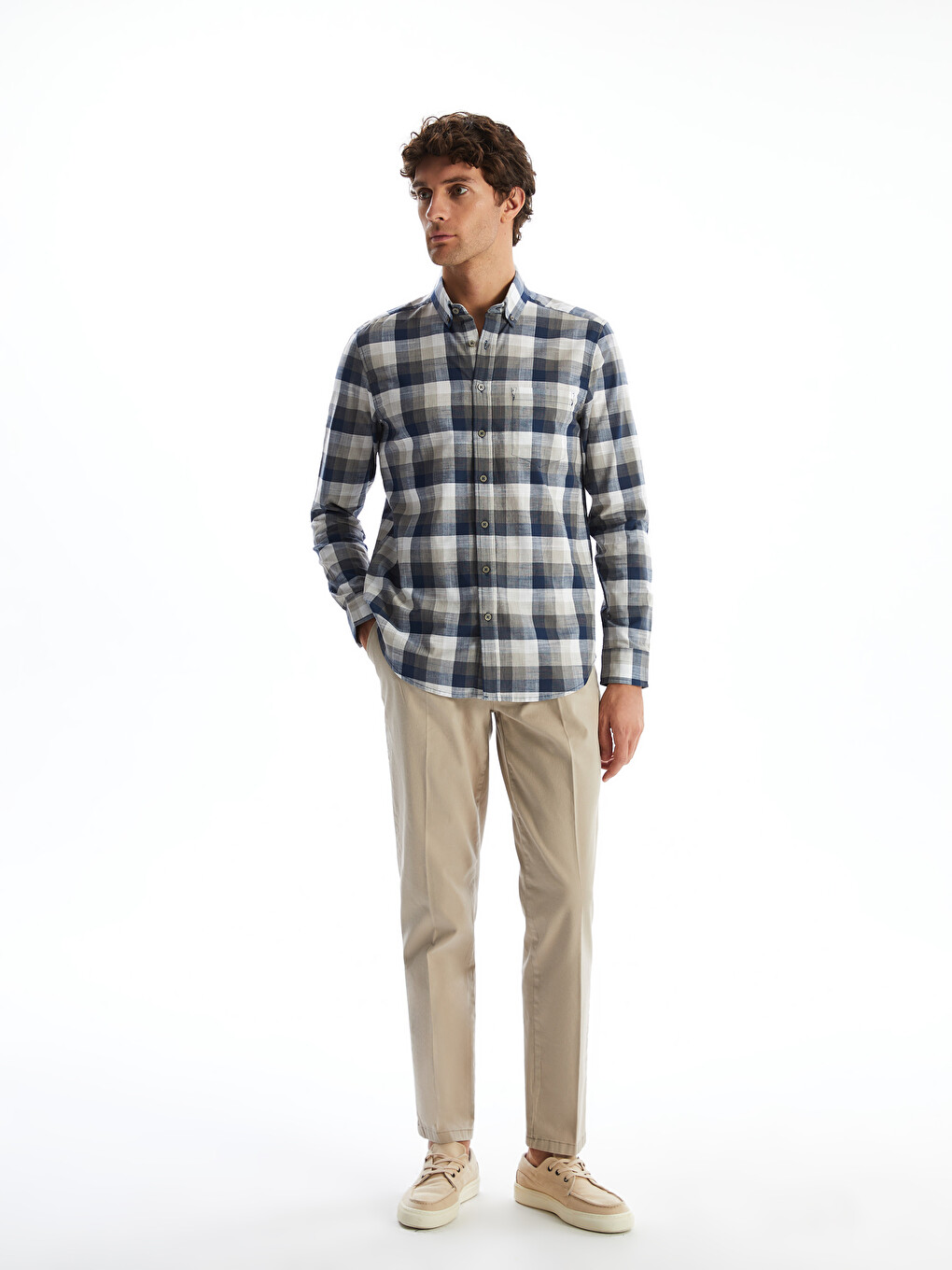 Regular Fit Long Sleeve Plaid Poplin Men's Shirt-1
