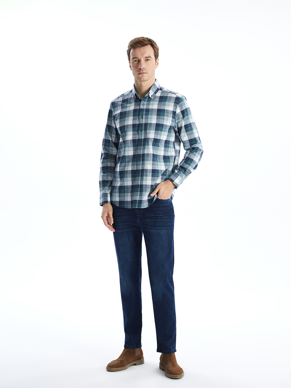 Regular Fit Long Sleeve Plaid Poplin Men's Shirt-1
