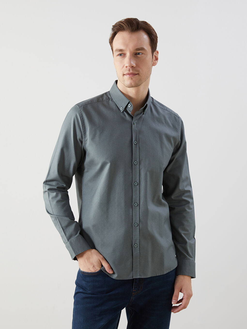 Slim Fit Long Sleeve Oxford Men's Shirt -S51083Z8-SWL